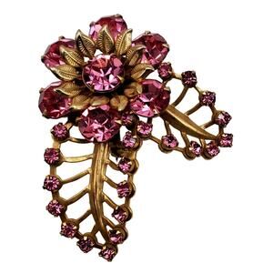 Pink Rhinestone Flower Brooch Gold Tone Spray Dangle Pin Vintage Leaves Spray